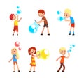 Cheerful Teen Boy and Girl Blowing Colorful Soap Bubbles Having Fun Vector Set