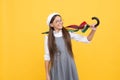 cheerful teen child hold colorful parasol. kid in beret with rainbow umbrella. autumn season