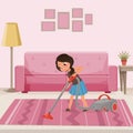 Cheerful teen girl cleaning carpet with vacuum cleaner at living room. Child helping with housework. Sofa, lamp, flower Royalty Free Stock Photo