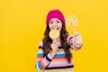 cheerful teen girl with lollipop candy, selective focus, eating Royalty Free Stock Photo