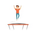 Cheerful teenage boy jumping on trampoline with hands up. Active leisure. Cartoon character. Flat vector design