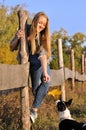 Cheerful teenage girl playing with outbred dog Royalty Free Stock Photo