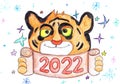 Cheerful tiger holds in its paws a scroll with the inscription 2022. Child`s drawing