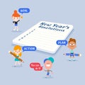 Cheerful tiny kids with New year`s resolutions list on notepad. cartoon illustration in flat design style