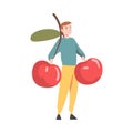 Cheerful Tiny Man Holding Ripe Red Cherry Berry Vector Illustration Royalty Free Stock Photo