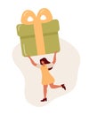 Cheerful tiny vector woman carrying huge present box overhead. Female character holding big birthday gift in festive Royalty Free Stock Photo