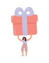 Cheerful tiny vector woman carrying huge present box overhead. Female character holding big birthday gift in festive Royalty Free Stock Photo