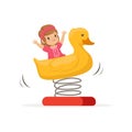 Cheerful toddler girl having fun on yellow plastic rocking duck on spring. Outdoor play equipment. Isolated flat vector