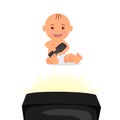 Cheerful toddler sitting and watching TV. Isolated character baby with remote control in hand