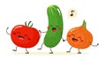 Cheerful tomato, cucumber and onion go together holding hands. Friends forever. Vector illustration in flat cartoon style.