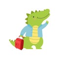 Cheerful tourist crocodile with suitcase, cute animal cartoon character travelling on summer vacation vector