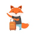 Cheerful tourist fox hitchhiking, cute animal cartoon character travelling on summer vacation vector Illustration on a
