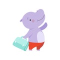 Cheerful tourist hippo with bag, cute animal cartoon character travelling on summer vacation vector Illustration on a