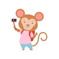 Cheerful tourist monkey with bacpack and photo camera, cute animal cartoon character travelling on summer vacation Royalty Free Stock Photo