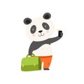 Cheerful tourist panda bear with suitcase, cute animal cartoon character travelling on summer vacation vector