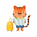 Cheerful tourist tiger, cute animal cartoon character travelling on summer vacation vector Illustration on a white