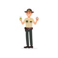 Cheerful town male sheriff police officer character in official uniform holding cup of coffee and donut vector