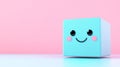 A cheerful turquoise cube with big eyes and a friendly smile rests against a soft pink backdrop, adding a playful