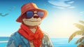 Cheerful turtle wearing oversized sunglasses and red hat against blue sea background, drawing image