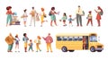 Collection of back to school characters and a yellow bus in a colorful vector illustration. Royalty Free Stock Photo