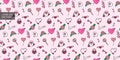 Cheerful vector seamless pattern in pink colors with hearts, locks, keys, letters for postcards, textiles, wrapping paper and Royalty Free Stock Photo