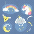 Cheerful vector set of cartoon drawings and characters