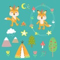 Cheerful vector set of drawings of fox animals