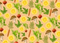 Cheerful vegetables pattern with carrots, mushrooms, radish and mint
