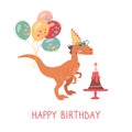 Cheerful Velociraptor with a birthday cake with a candle and balloons. Happy birthday card. Dino in heart-shaped