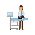 Cheerful veterinary doctor examining dog in vet clinic, colorful cartoon vector Illustration