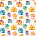 A cheerful and vibrant pattern of watercolor gift boxes with ribbons seamless pattern