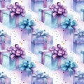 A cheerful and vibrant pattern of watercolor gift boxes with ribbons seamless pattern