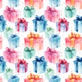 A cheerful and vibrant pattern of watercolor gift boxes with ribbons seamless pattern