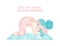 A cheerful and vibrant watercolor cartoon of a cute girl doing a downward dog yoga pose. Perfect for yoga lovers, fitness