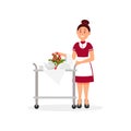 Cheerful waitress pushing trolley with breakfast for hotel guest. Room service. Flat vector design
