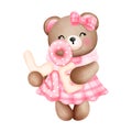 Cheerful watercolor cute baby girl teddy bear with love clipart