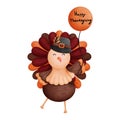 Cheerful watercolor thanksgiving turkey with balloon.Autumn harvest greeting card with decorative watercolor turkey