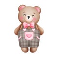 Cheerful watercolor valentine baby teddy bear clipart. Cute baby animal in pink and gray outfits illustration