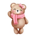 Cheerful watercolor valentine cute baby teddy bear in pink scarf and bow illustration