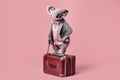 cheerful well-dressed koala with a suitcase on a pink background, Generative AI