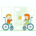 Cheerful wheelchair user boy and girl throwing ball. Happy smiling disabled toddlers playing game. Physically challenged children