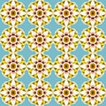 Cheerful and whimsical flower pattern in blue and white with stylized geometric motifs on bright background