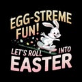 A cheerful white rabbit rides a skateboard surrounded by colorful Easter eggs Royalty Free Stock Photo