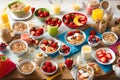 A cheerful and wholesome scene showcasing a vibrant and nutritious breakfast spread tailored for kids. The table is adorned with