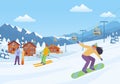 Cheerful winter sport illustration. Woman goes downhill snowboard with male character on skis cozy resort houses among