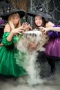 Cheerful witches cook a potion for Halloween