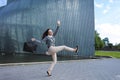 A cheerful woman is bouncing. Concept good mood news Royalty Free Stock Photo