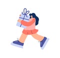 Cheerful woman carrying huge present box. Female character holding big birthday gift in festive packaging. Flat vector Royalty Free Stock Photo