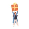 Cheerful woman carrying huge present box overhead. Female character holding big birthday gift in festive packaging. Flat Royalty Free Stock Photo