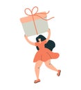 Cheerful woman carrying huge present box overhead. Female character holding big birthday gift in festive packaging. Flat Royalty Free Stock Photo